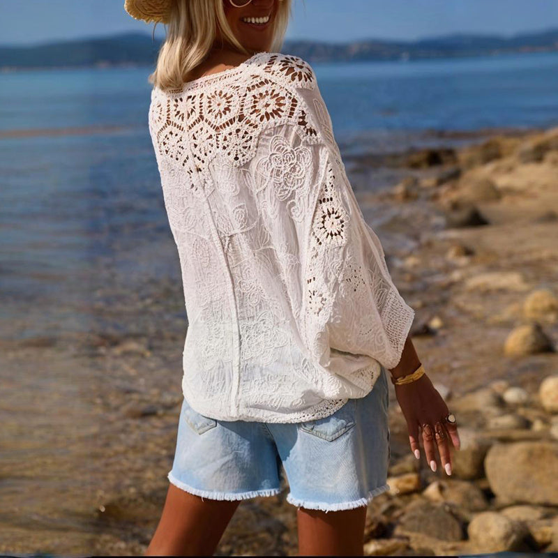 Cardigan boutonné en dentelle à col en V pour femme, semi-transparent, motif géométrique, manches mi-longues, léger, plage, mode printemps-été - LUXARAH