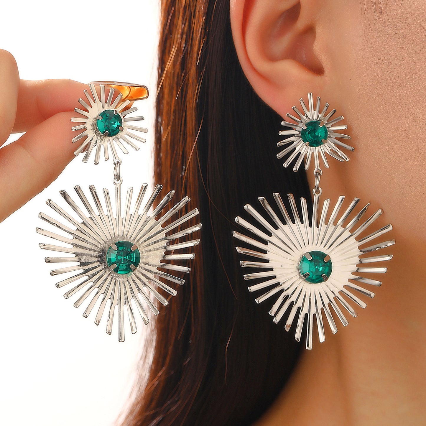 Boucles d'oreilles bohèmes en forme de cœur avec strass, motif tournesol, style exagéré, pour femme, bijoux de Saint-Valentin