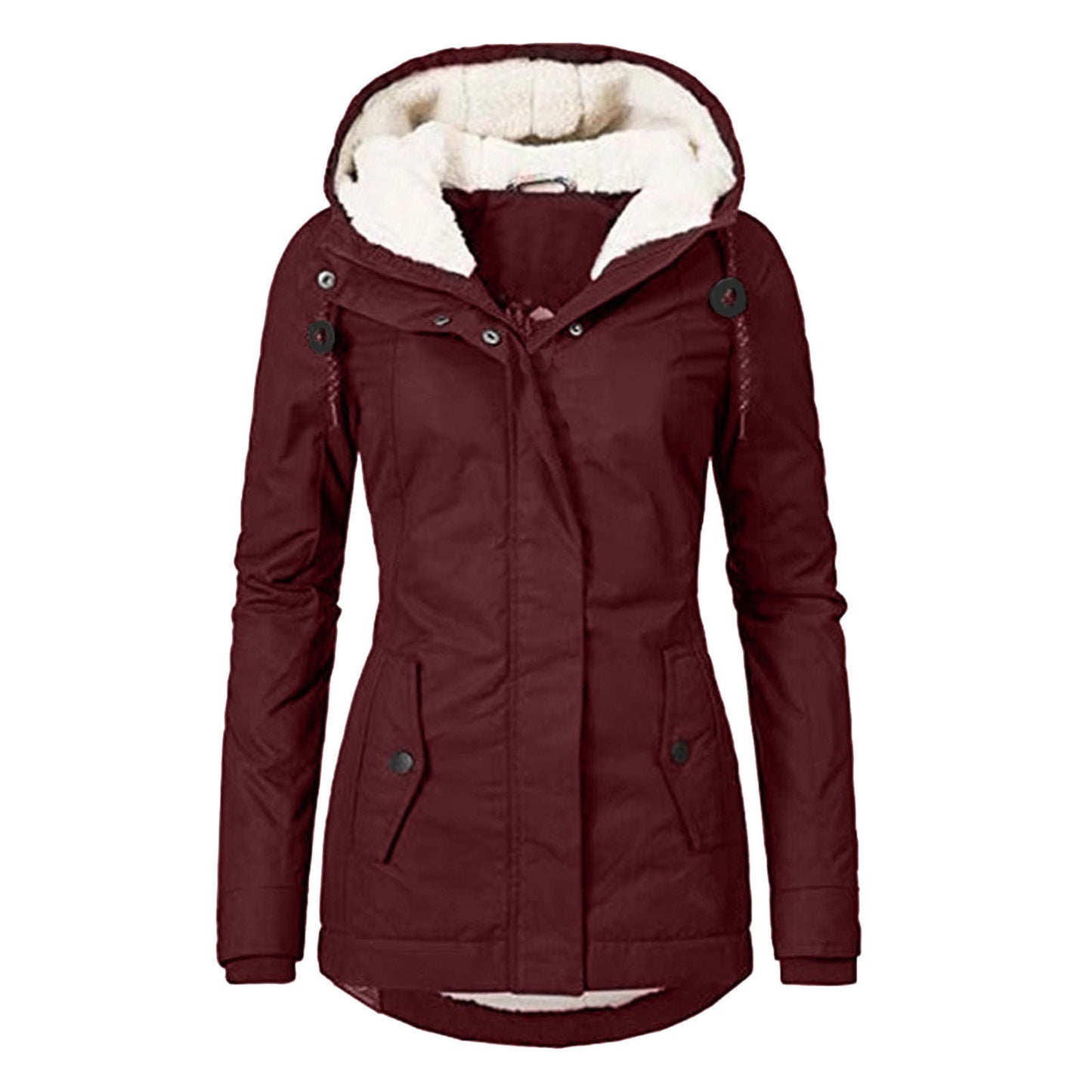 Veste d'hiver à capuche, couleur unie, chaude, fermeture éclair, polaire, avec poches, décontractée, pour femme