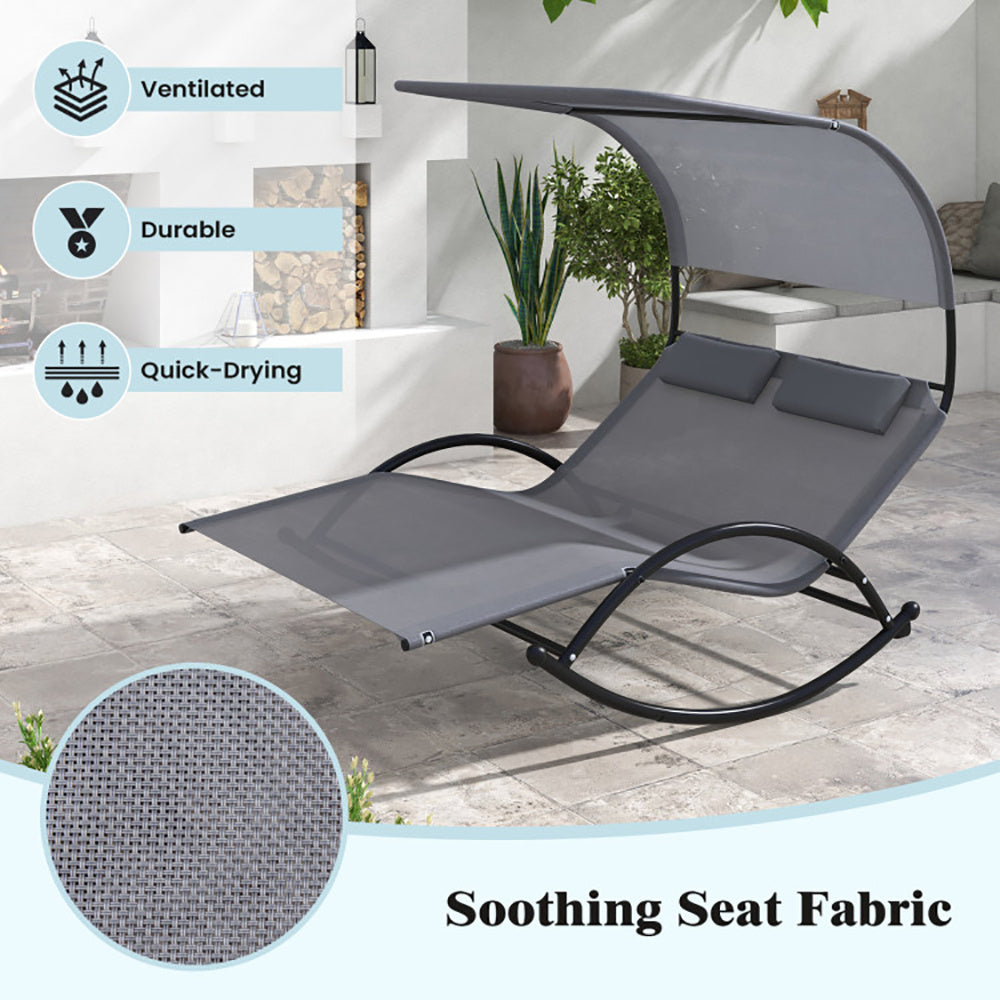 Chaise longue d'extérieur à bascule double pour 2 personnes avec auvent et appuie-têtes amovibles - LUXARAH