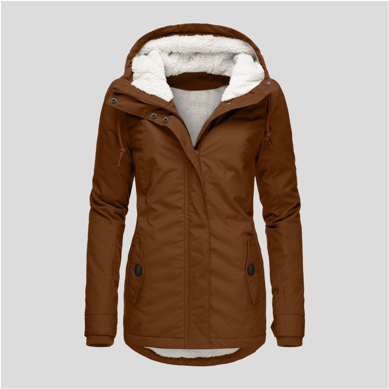 Veste d'hiver à capuche, couleur unie, chaude, fermeture éclair, polaire, avec poches, décontractée, pour femme