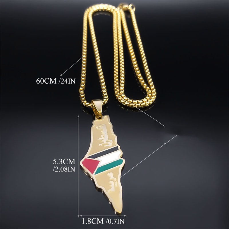 Collier avec pendentif, carte de la Palestine et d'Israël pour homme et femme, en acier inoxydable, couleur or, bijoux ethniques palestiniens, cadeaux