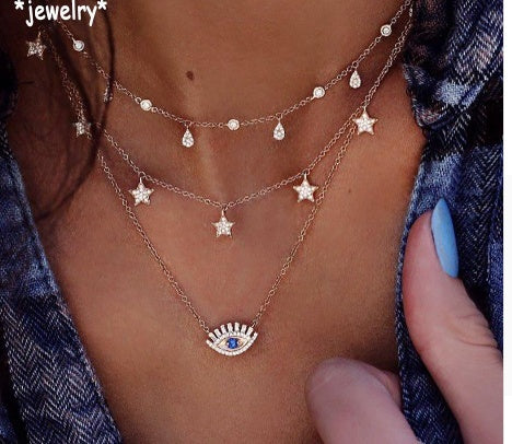 Collier multicouche Bls-miracle pour femmes, longue chaîne, pendentif œil turc, colliers tendance en cristal, étoile et gouttes d'eau