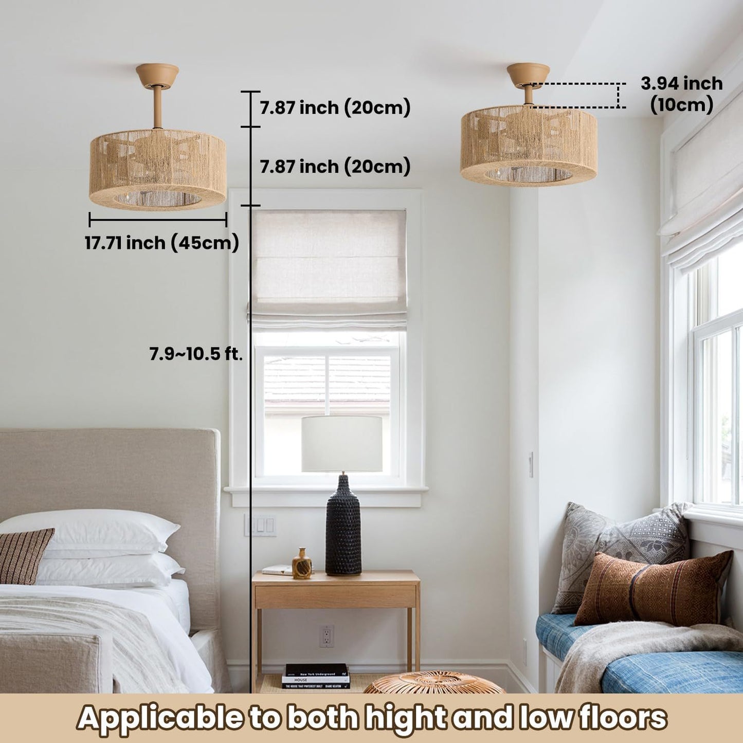 Lampe éventail en rotin tissé, style rétro pour salon, restaurant, chambre à coucher
