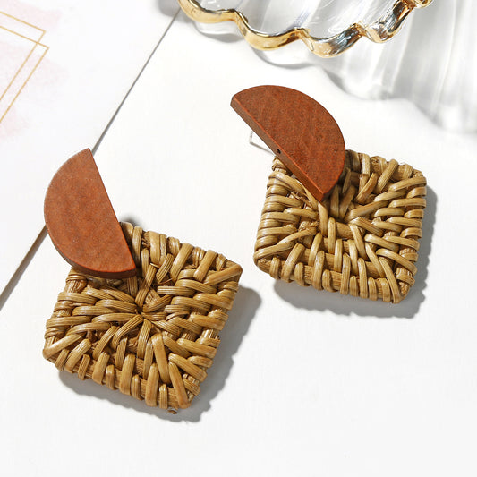 Boucles d'oreilles en bois et rotin géométriques multicouches - LUXARAH