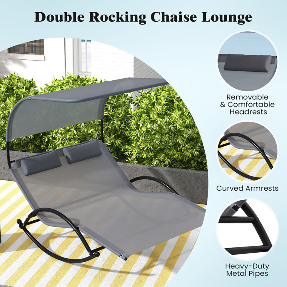 Chaise longue d'extérieur à bascule double pour 2 personnes avec auvent et appuie-têtes amovibles - LUXARAH