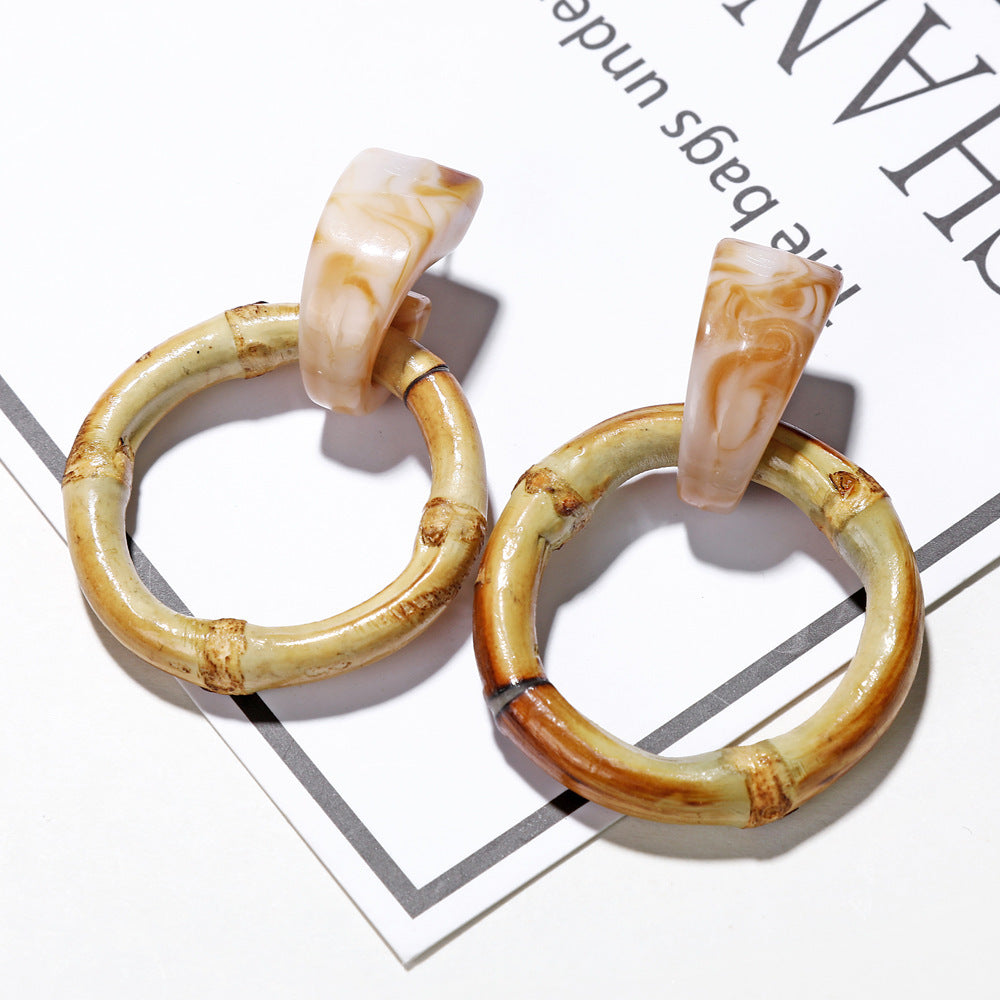 Boucles d'oreilles en bois et rotin géométriques multicouches - LUXARAH