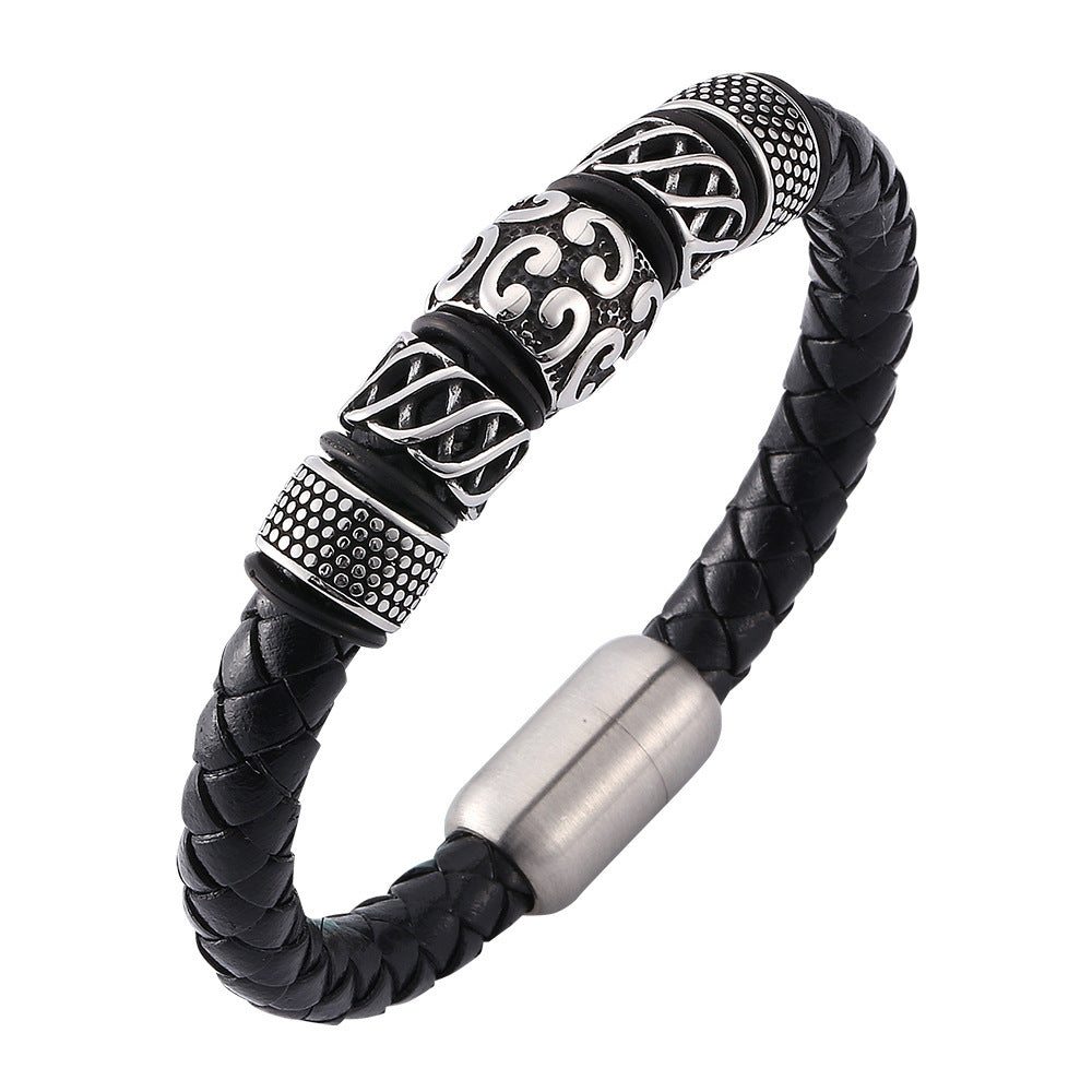 Bracelet en cuir véritable et acier inoxydable tissé - LUXARAH