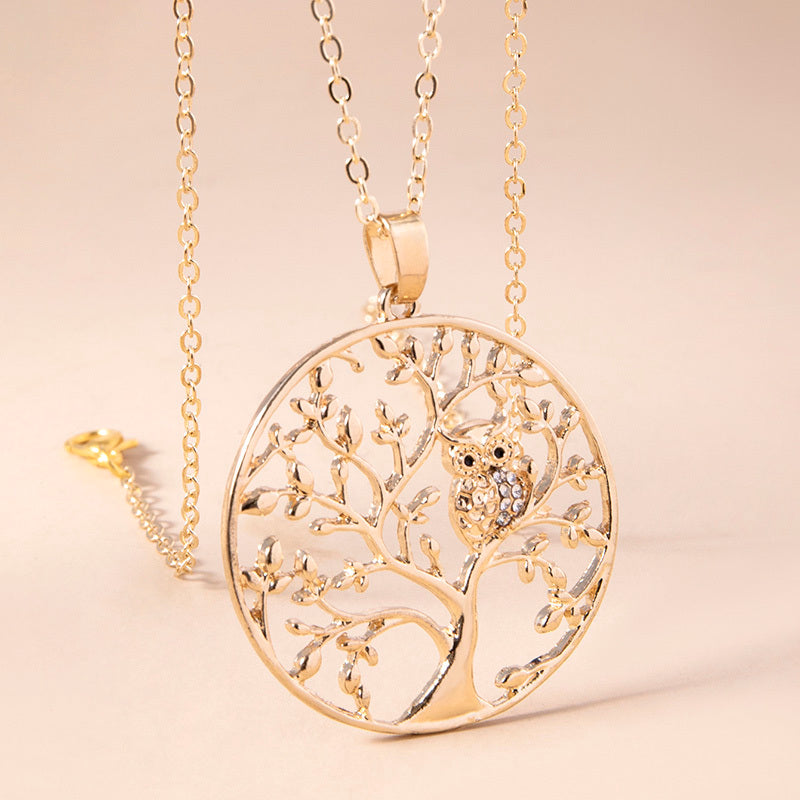 Fashion Hollow Tree of Life Crystal Owl Pendant Necklace for Women