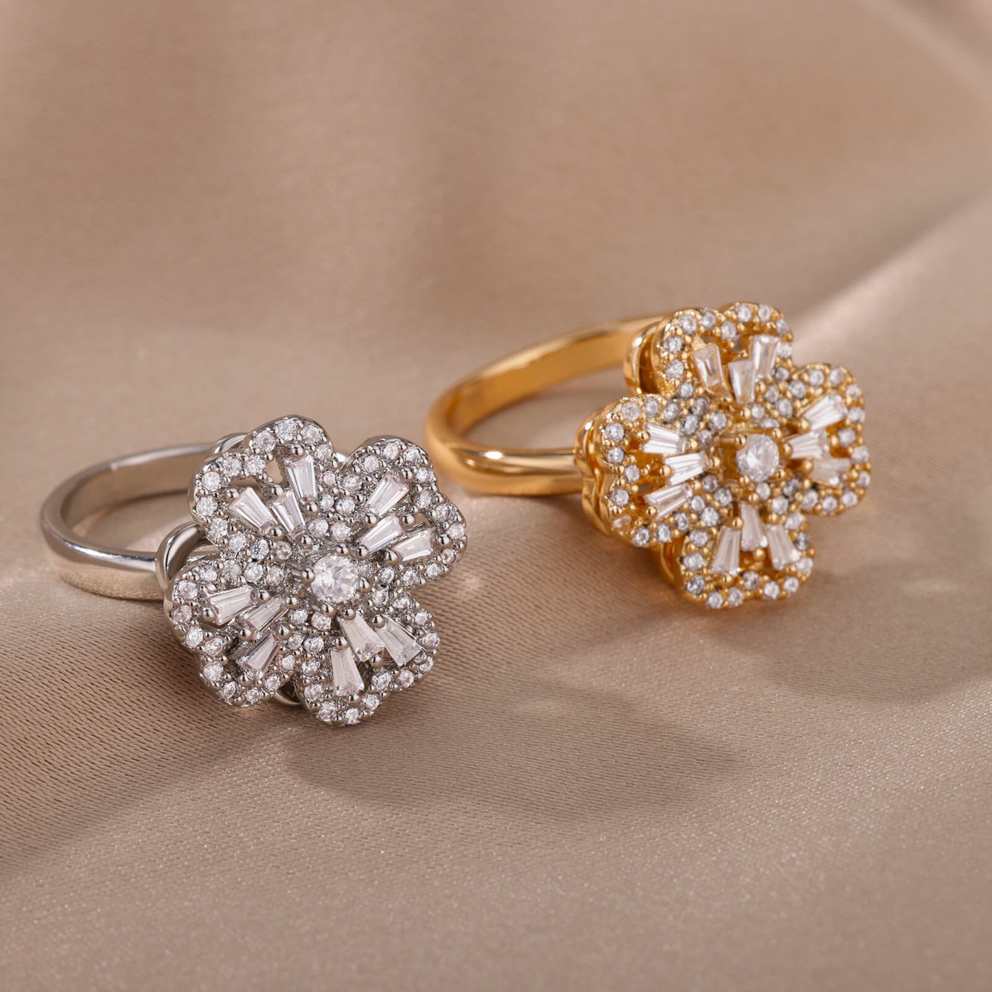 Bagues de fleurs rotatives avec strass, bague de décompression anti-anxiété tendance