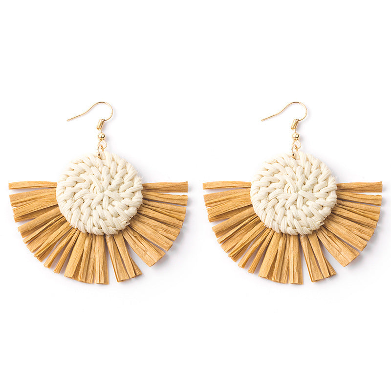Boucles d'oreilles géométriques en raphia et rotin tissées à la main, style vintage pour femmes - LUXARAH