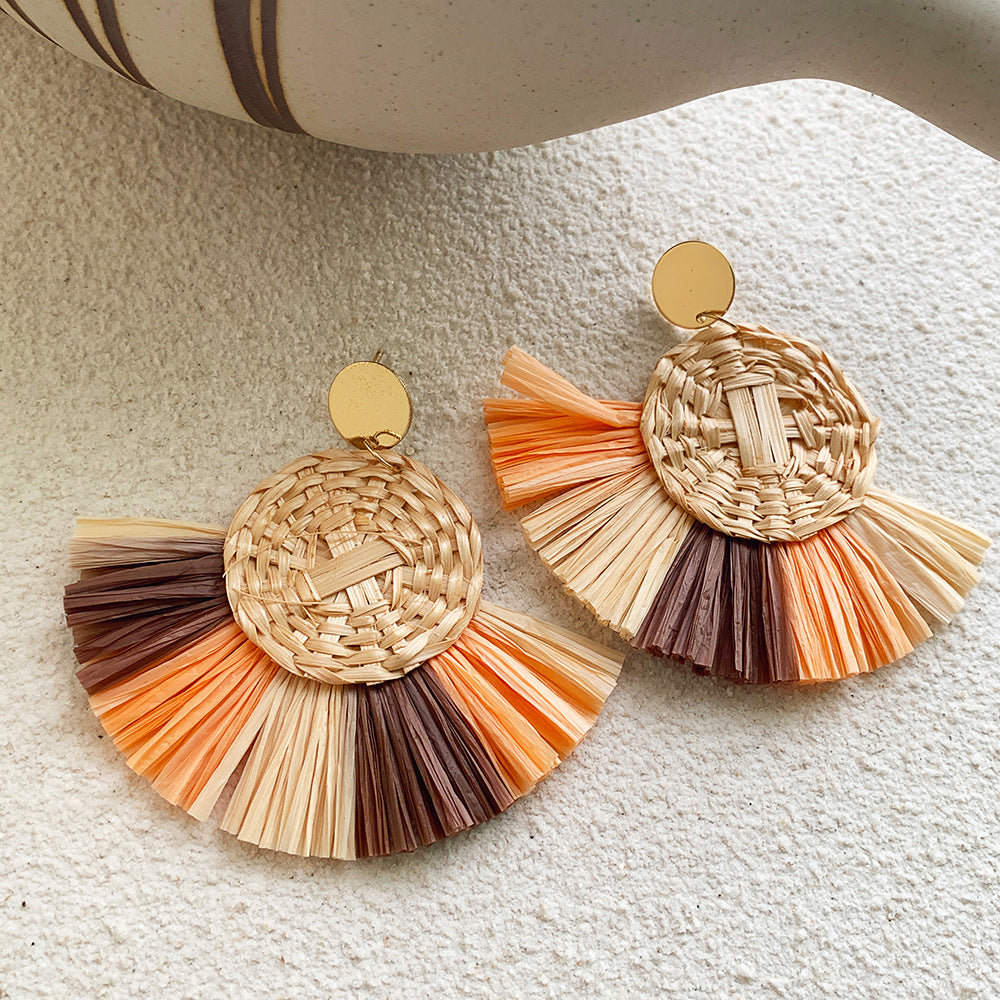 Boucles d'oreilles en raphia et rotin pour femme, nouvelles boucles d'oreilles rondes géométriques colorées en paille - LUXARAH