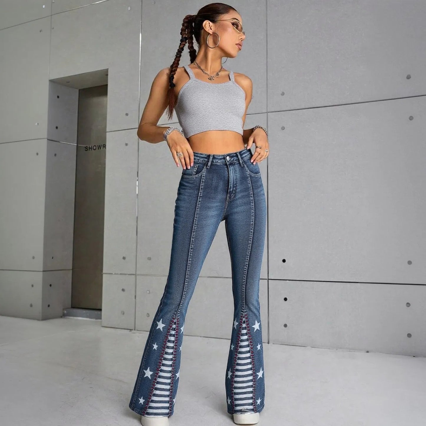 Pantalon en jean taille haute évasé à motif patchwork d'étoiles pour femme - LUXARAH