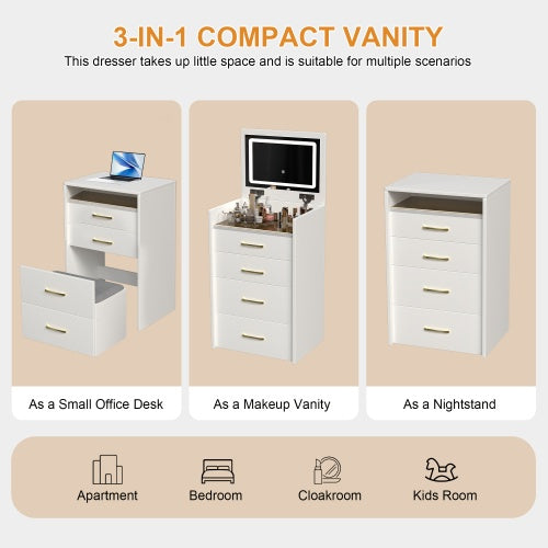 Coiffeuse 3 en 1 avec miroir ouvert, petite coiffeuse avec plateau en verre visible, coiffeuse compacte à 3 tiroirs, coiffeuse pour chambre - LUXARAH