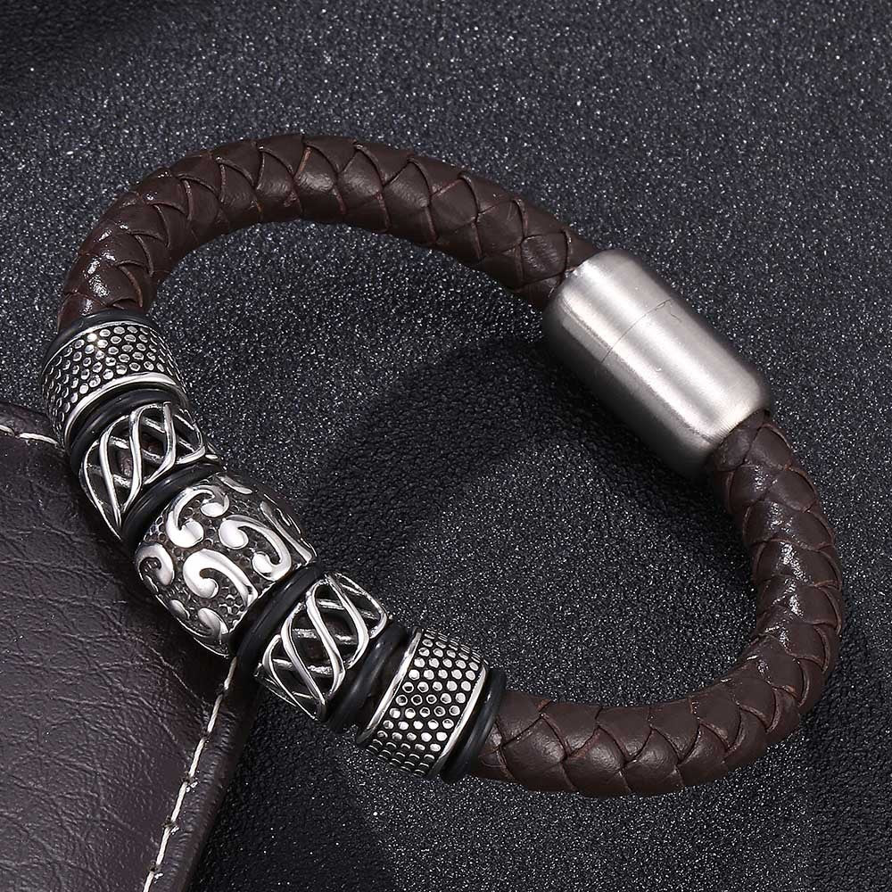 Bracelet en cuir véritable et acier inoxydable tissé - LUXARAH