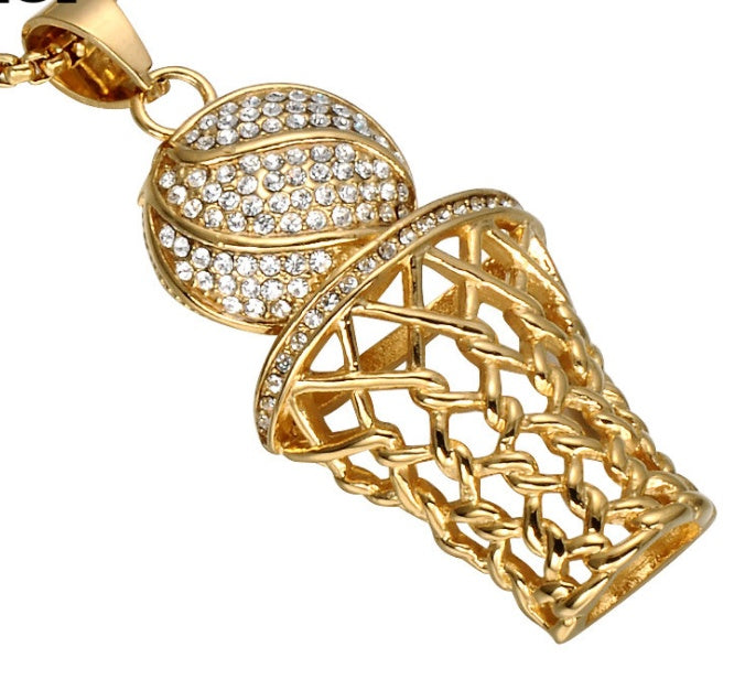 Colliers hip-hop avec pendentifs de basket-ball en strass, collier de sport en acier inoxydable pour hommes