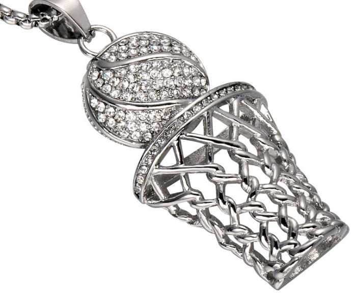 Colliers hip-hop avec pendentifs de basket-ball en strass, collier de sport en acier inoxydable pour hommes