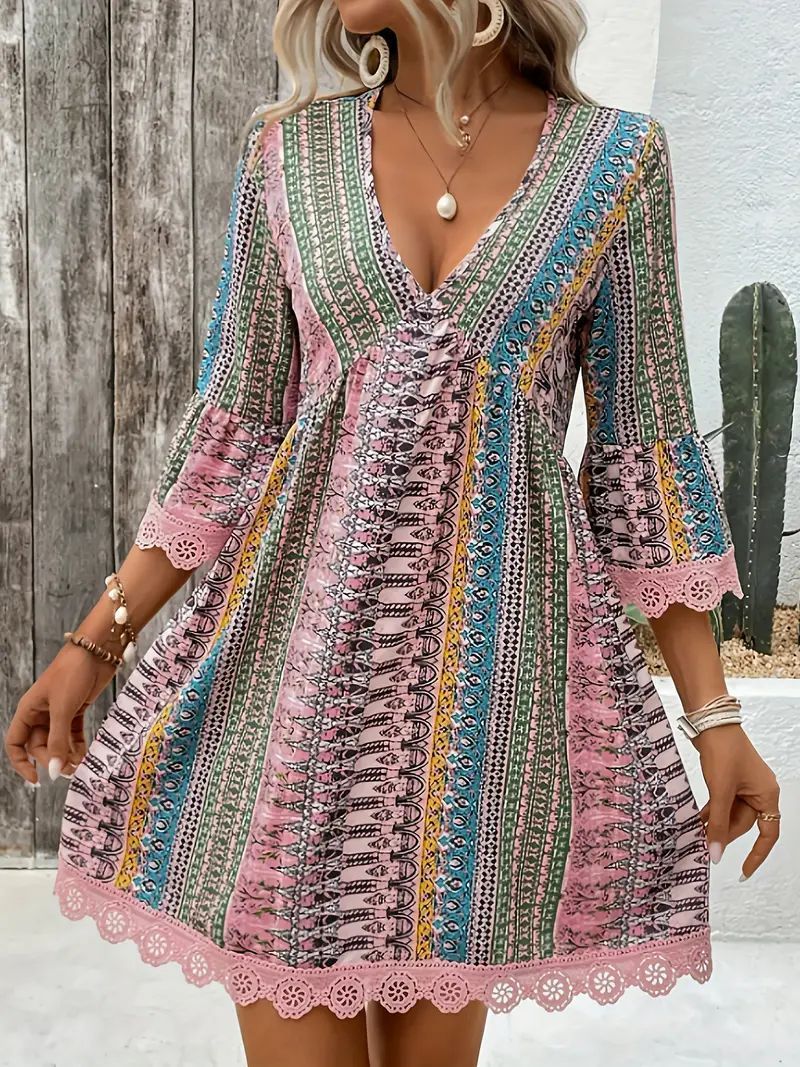 Robe imprimée style bohème à col en V, tenue de plage décontractée et ample - LUXARAH