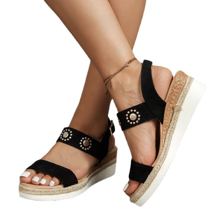Sandales compensées grande taille en corde de chanvre avec boucle pour la plage