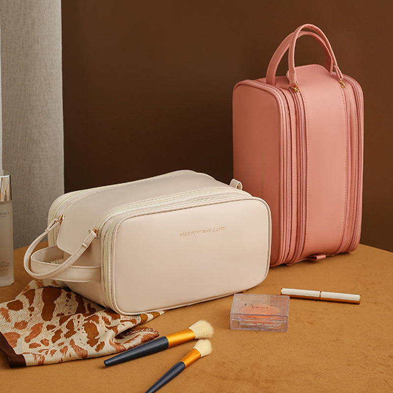 Trousse de maquillage en forme de U à double fermeture éclair à trois couches, trousse de maquillage tendance de grande capacité, sac de rangement portable en cuir PU pour produits de soins de la peau - LUXARAH