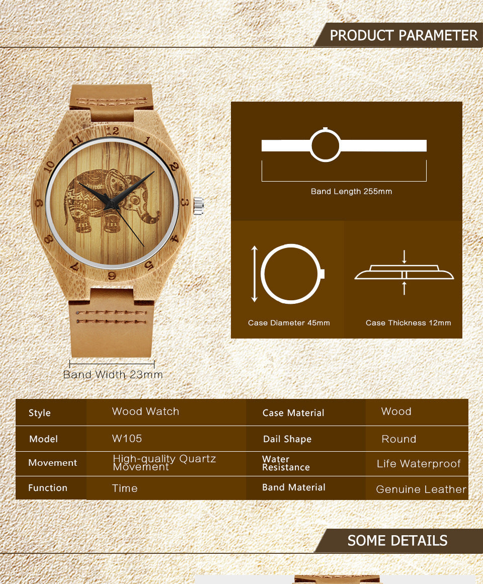 Montre à quartz classique en cuir d'éléphant, rétro, simple, en bois de bambou