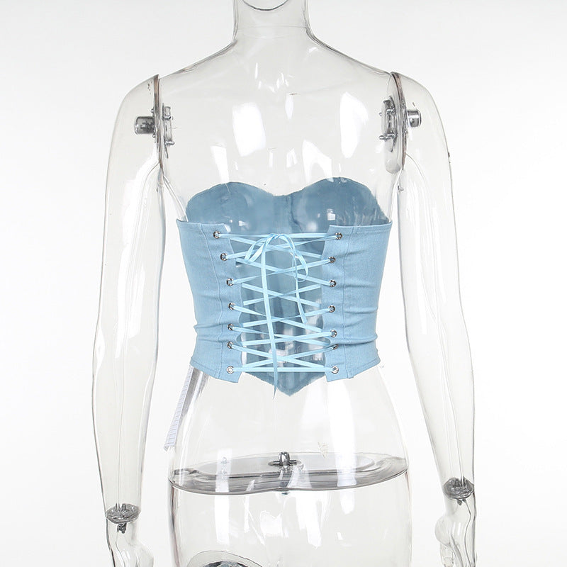 Débardeur tube en jean Y2K avec design noué dans le dos, débardeur corset court tendance pour femmes