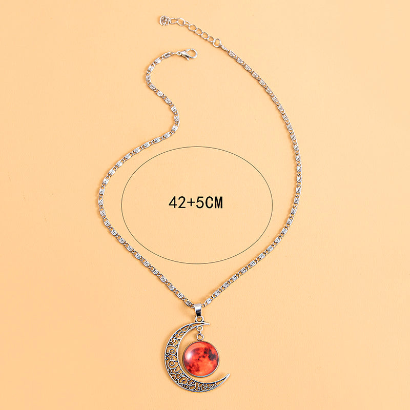 Vintage Luminous Necklace with Handmade Shiny Red Glass Moon Pendant for Women and Girls