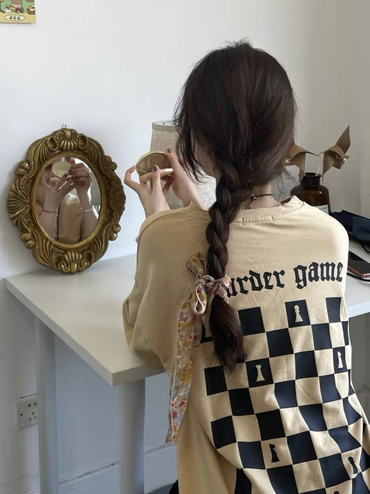 T-shirt oversize style américain à imprimé damier rétro pour femme - LUXARAH