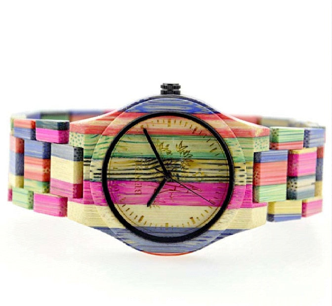 Montre couple en bois de bambou coloré sculpté