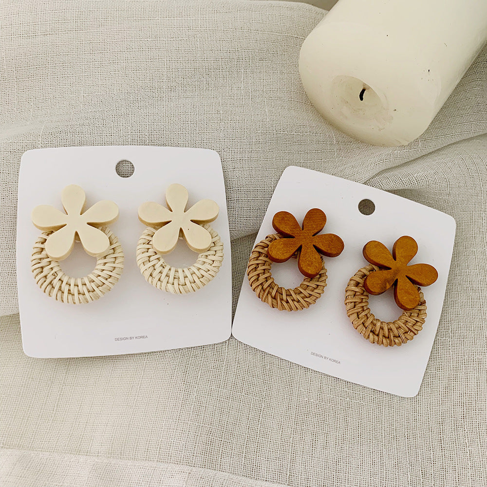 Boucles d'oreilles en rotin avec fleurs, boucles d'oreilles longues tissées au tempérament exagéré - LUXARAH