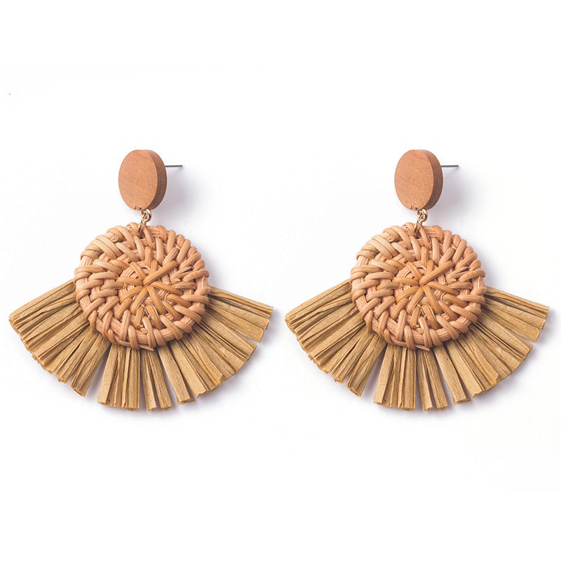 Boucles d'oreilles géométriques en raphia et rotin tissées à la main, style vintage pour femmes - LUXARAH