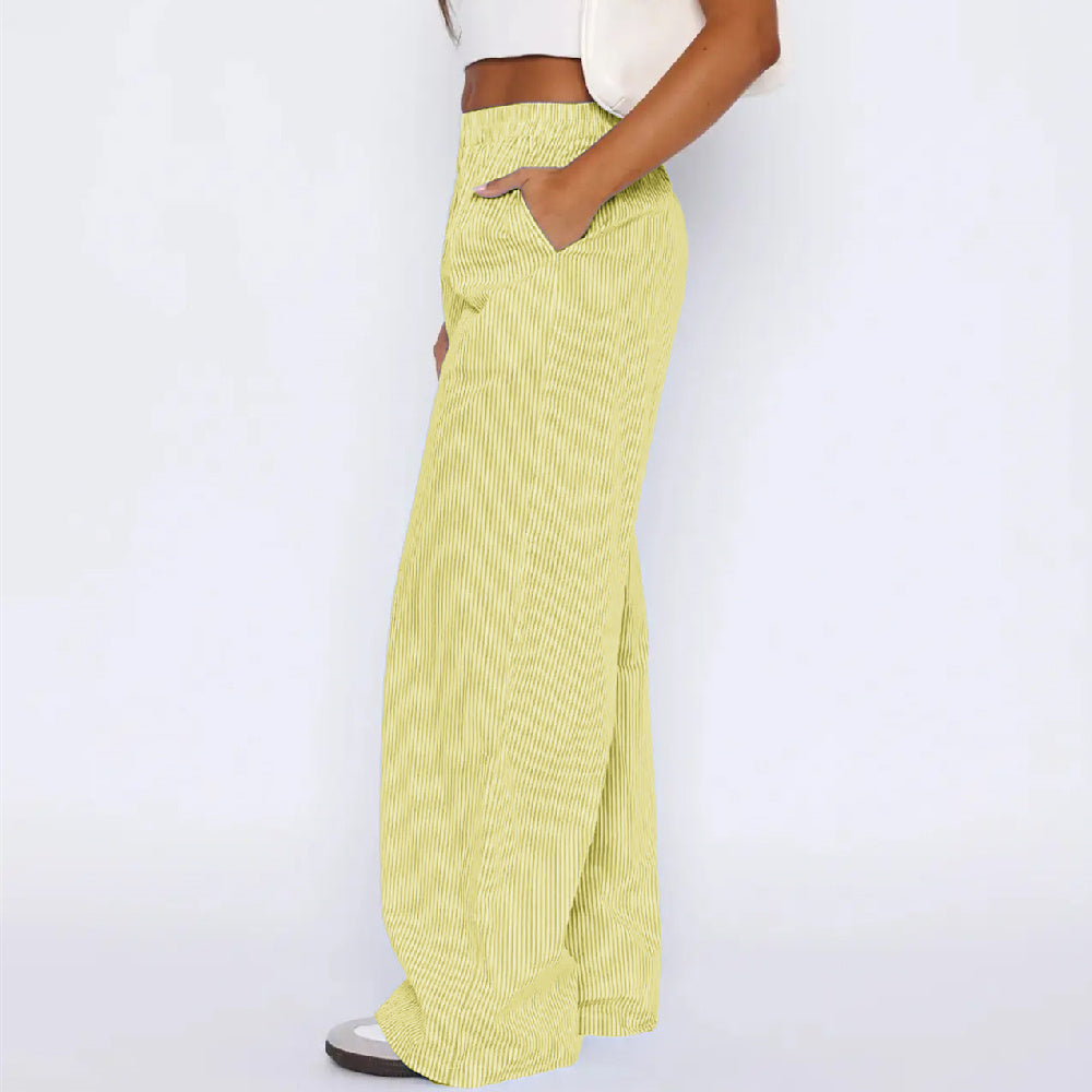 Pantalon rayé avec poches, style décontracté, coupe large et droite, pour femme