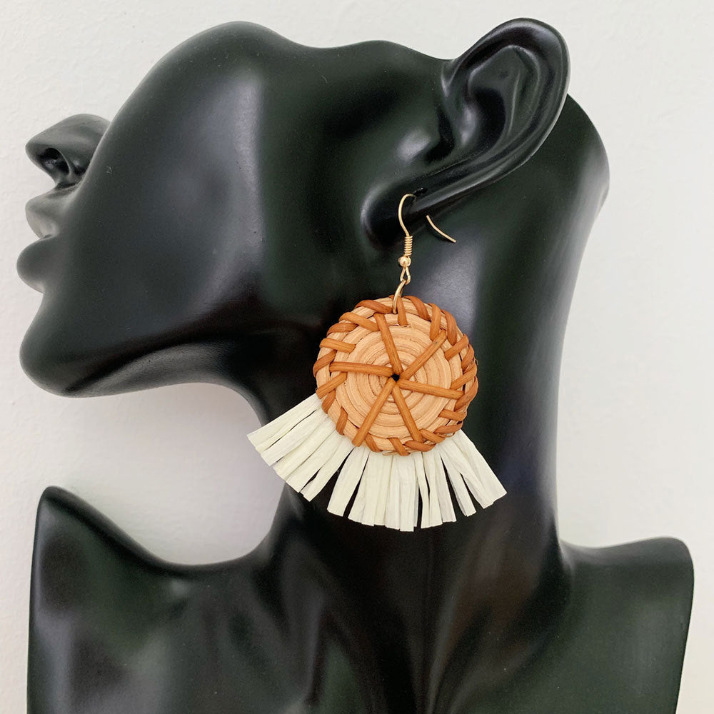 Boucles d'oreilles en raphia et rotin pour femme, nouvelles boucles d'oreilles rondes géométriques colorées en paille - LUXARAH