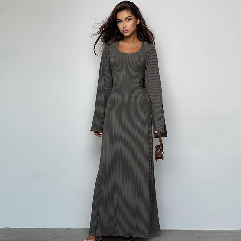 Robe tendance à col en U et lacets dans le dos, manches longues cloche - LUXARAH
