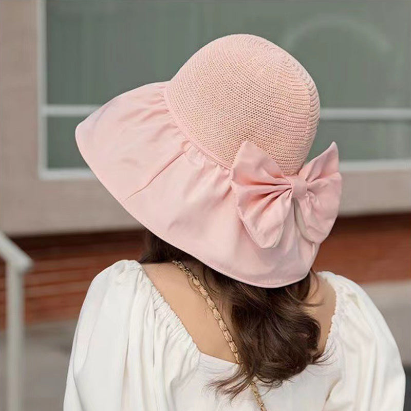 Chapeau de soleil d'été en paille à large bord et grand nœud, chapeau de pêcheur anti-UV, pare-soleil d'extérieur et chapeau de protection du visage
