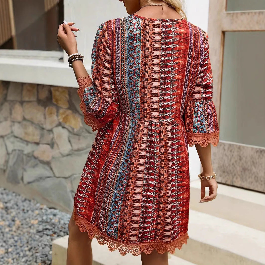 Robe imprimée style bohème à col en V, tenue de plage décontractée et ample - LUXARAH