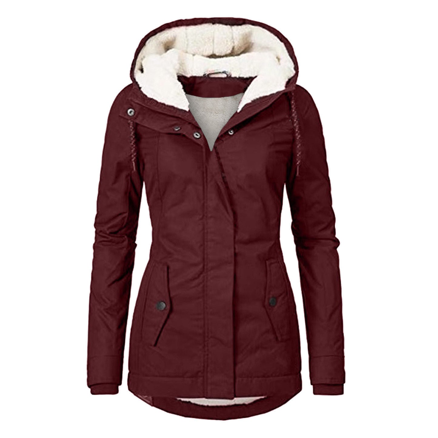 Veste d'hiver à capuche, couleur unie, chaude, fermeture éclair, polaire, avec poches, décontractée, pour femme