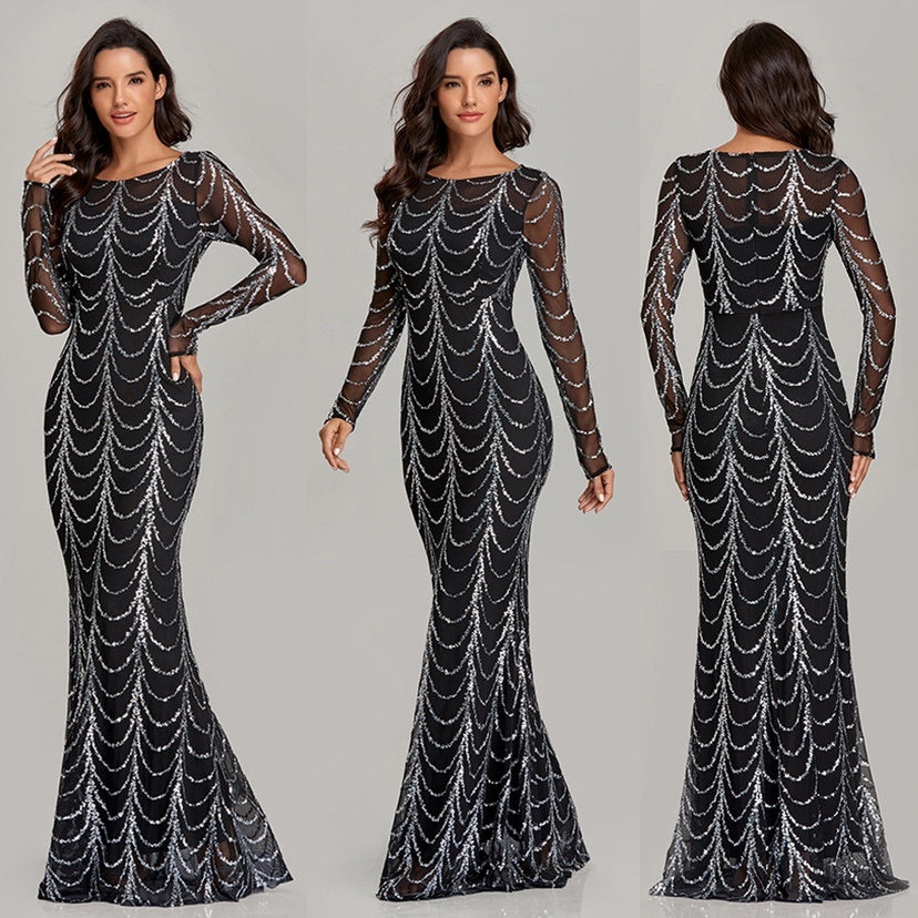 Robes longues à paillettes, manches longues, robes de soirée - LUXARAH
