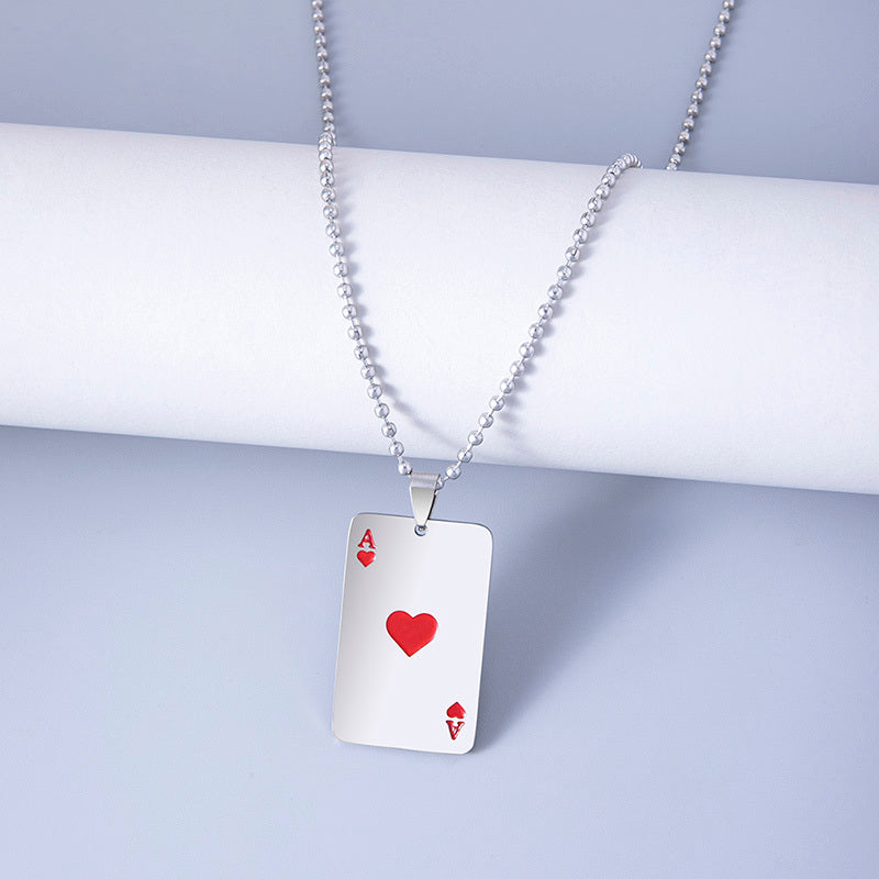 Hip Hop Ace of Hearts Poker Cards Stainless Steel Pendant Necklaces for Women Men