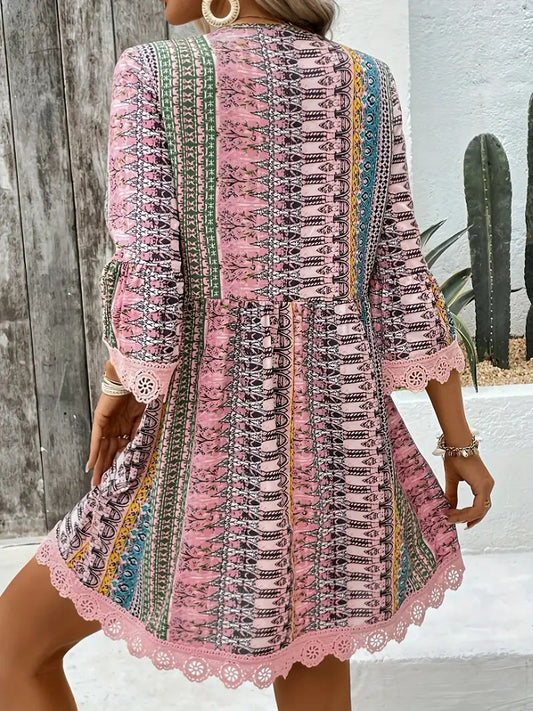 Robe imprimée style bohème à col en V, tenue de plage décontractée et ample - LUXARAH