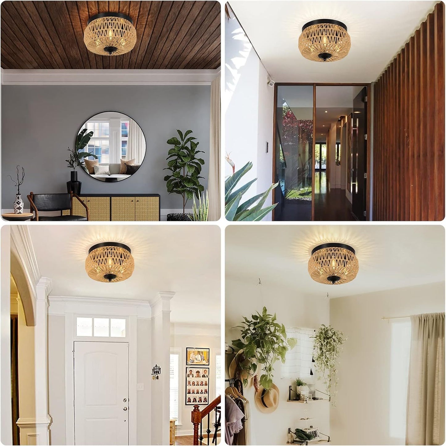 Lustre encastré à 3 lampes en rotin tressé avec abat-jour, cage fait main pour chambre, cuisine, couloir, porche. Plateformes indisponibles - Welfel