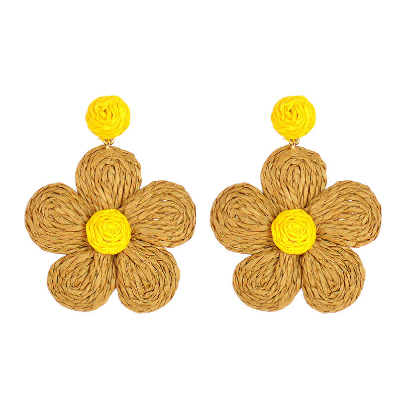 Boucles d'oreilles d'été en raphia et rotin tressé à grandes fleurs - LUXARAH