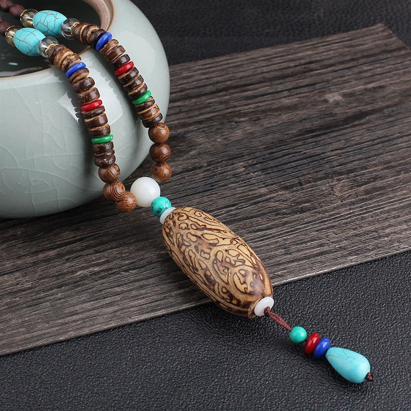 Colliers pour hommes et femmes, chaîne de pull rétro en perles de bois, pendentif Bodhi long - LUXARAH
