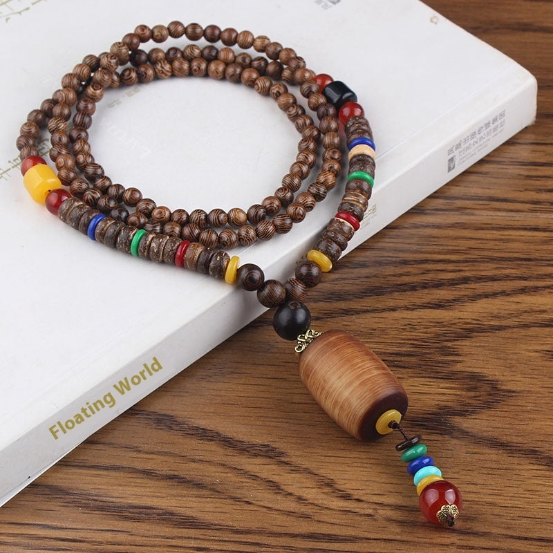 Colliers pour hommes et femmes, chaîne de pull rétro en perles de bois, pendentif Bodhi long - LUXARAH