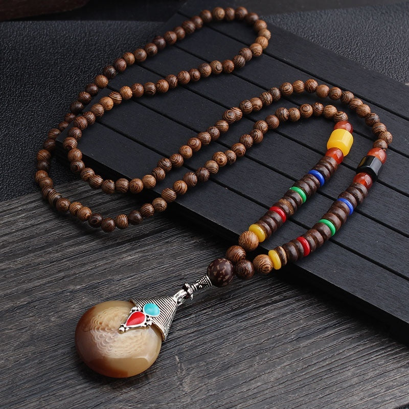 Colliers pour hommes et femmes, chaîne de pull rétro en perles de bois, pendentif Bodhi long - LUXARAH
