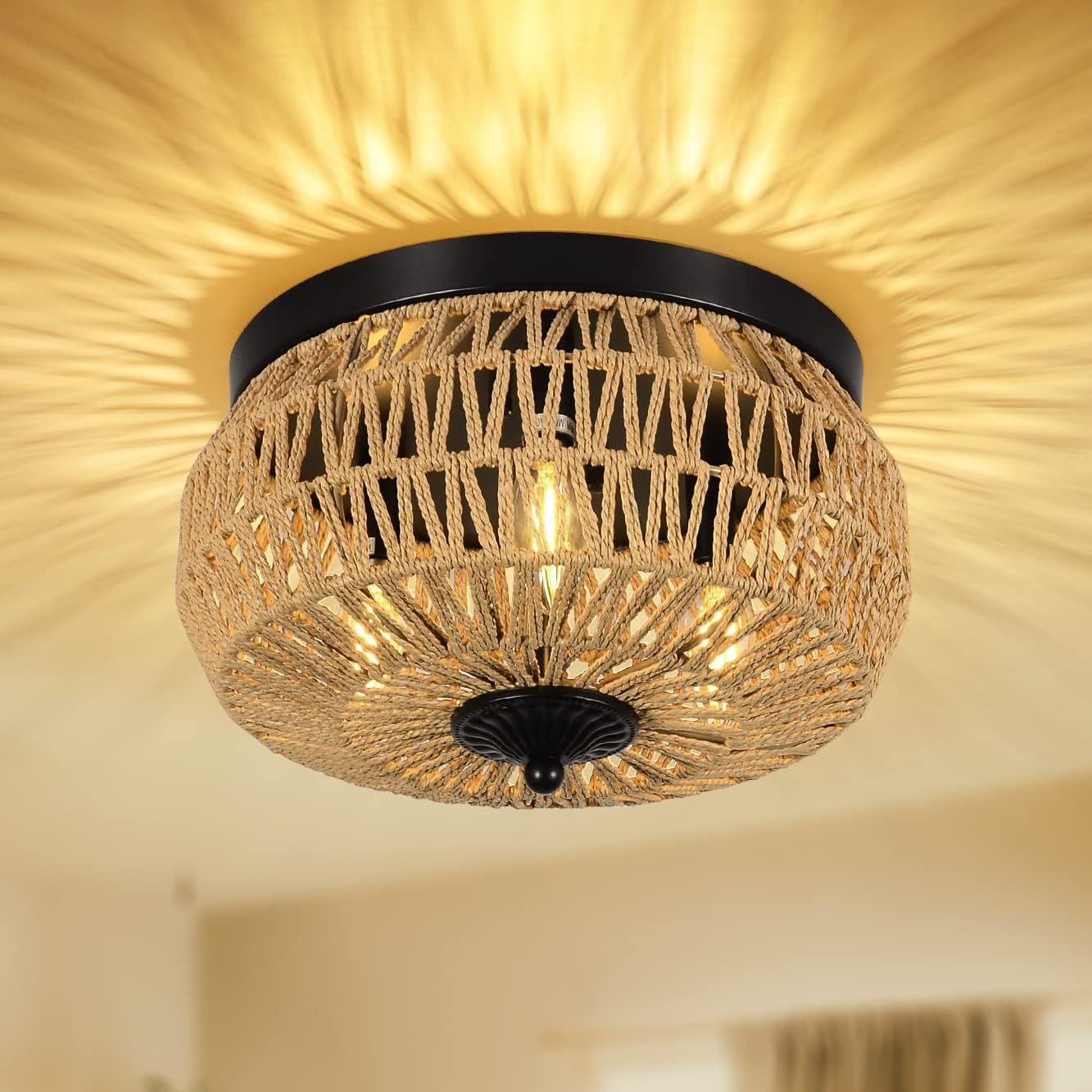 Lustre encastré à 3 lampes en rotin tressé avec abat-jour, cage fait main pour chambre, cuisine, couloir, porche. Plateformes indisponibles - Welfel