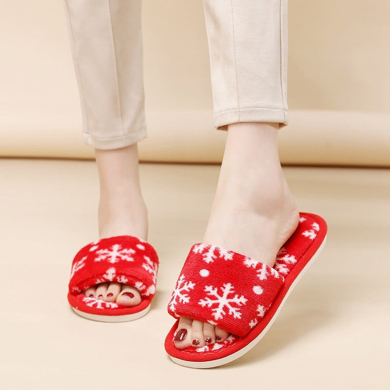 Pantoufles de Noël pour femmes, pantoufles en peluche à bout ouvert, chaussures de maison pelucheuses