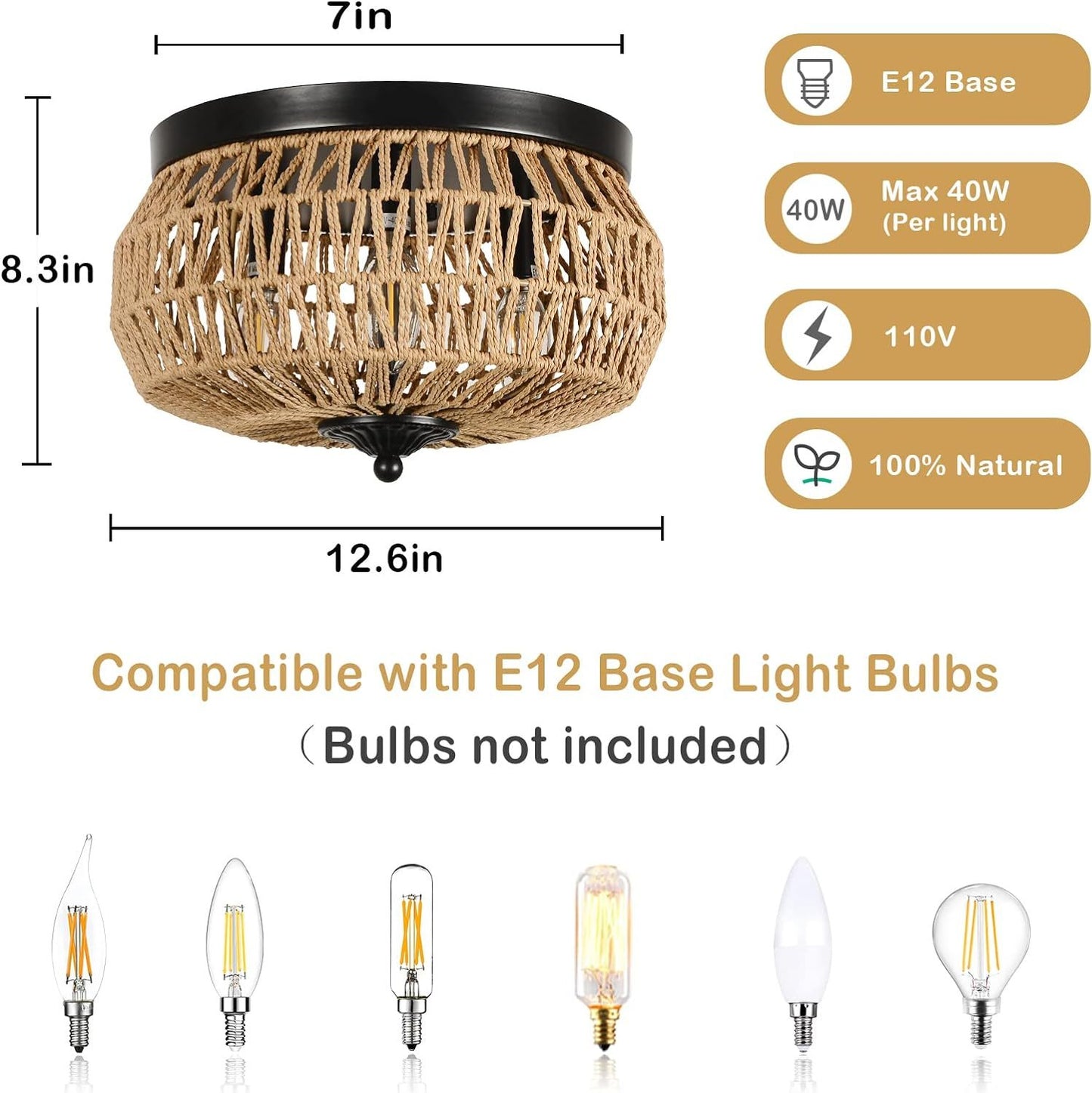 Lustre encastré à 3 lampes en rotin tressé avec abat-jour, cage fait main pour chambre, cuisine, couloir, porche. Plateformes indisponibles - Welfel