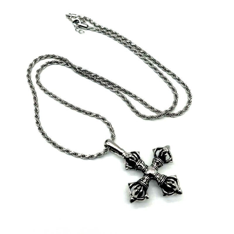 Collar con colgante de cruz de mortero Vajra de plata 925 para hombre y mujer