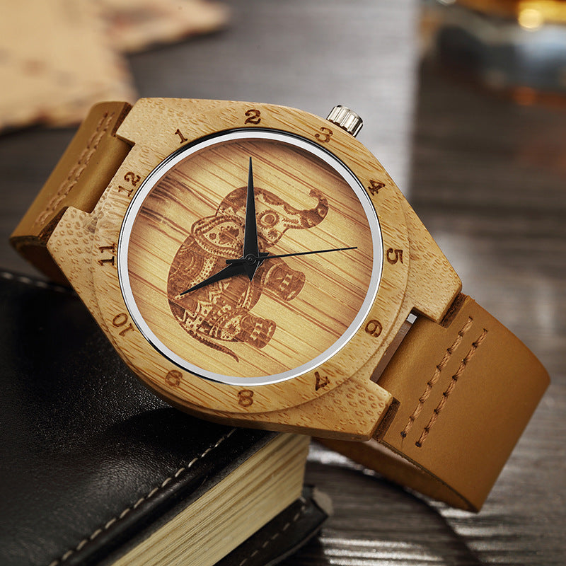 Montre à quartz classique en cuir d'éléphant, rétro, simple, en bois de bambou